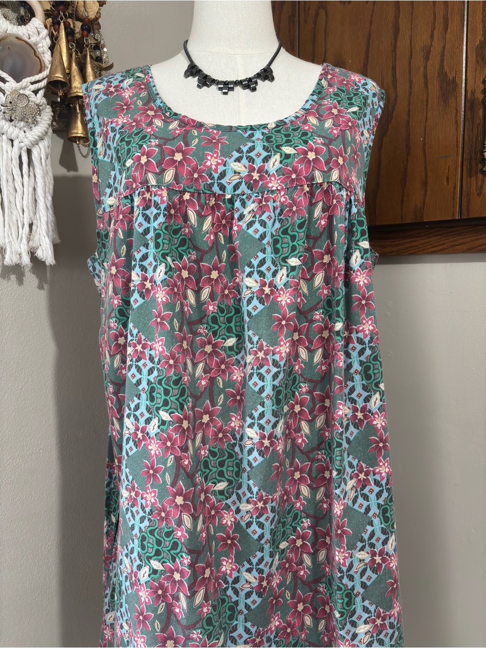Anthony Richards Vintage Muu Muu Pinafore Midi Dress Pink and Green Size Lg - Picture 2 of 7